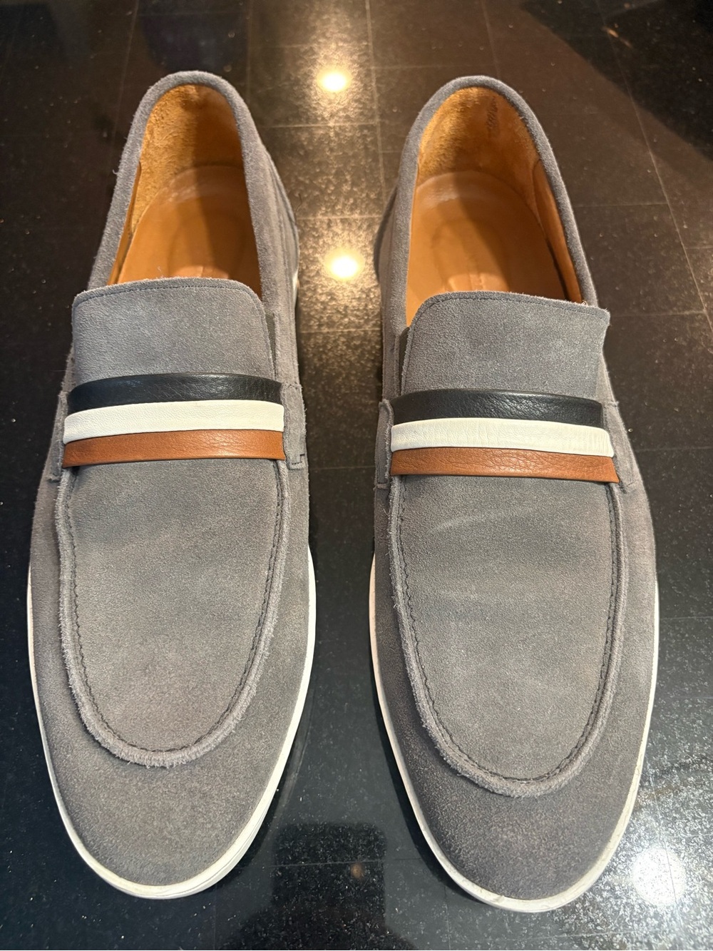 Allen Edmonds Gray Suede Slip-On Loafers with Black White and Brown Straps